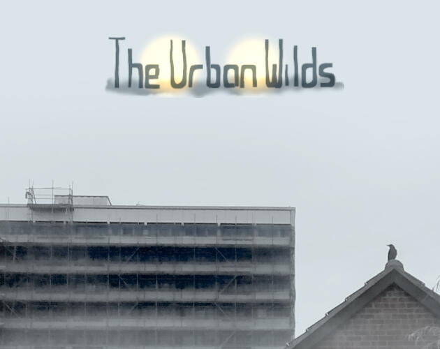 The Urban Wilds. Below the title is the top of a block of flats covered in scaffolding and a solitary crow sitting on a rooftop